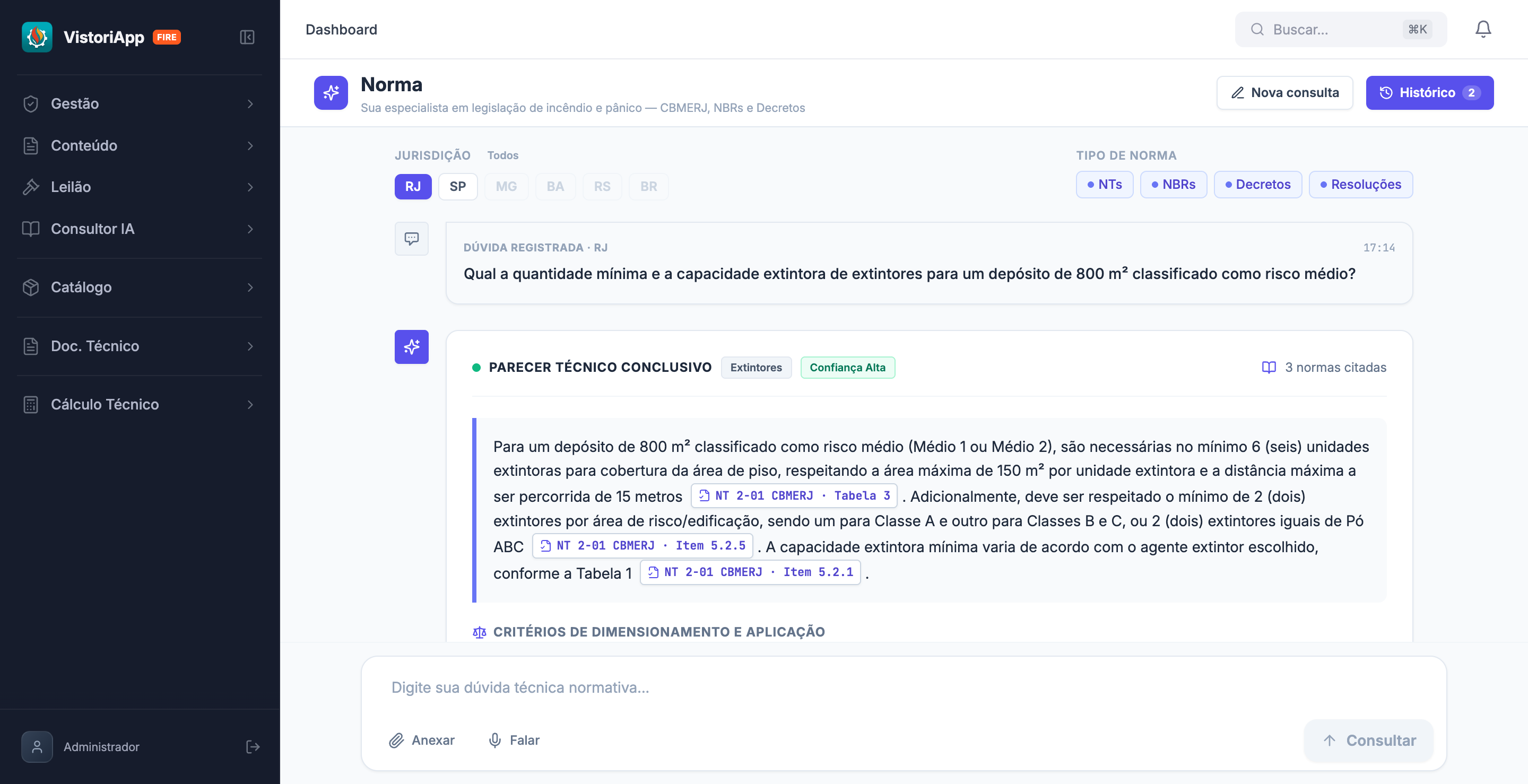 Interface da Norma IA — pergunta sobre extintores com parecer técnico conclusivo e NTs citadas